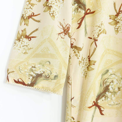 【美品】ワンダフルワールド★シックなブーケデザイン♪裾フリル リボン ワンピース クリームイエロー系 z20545