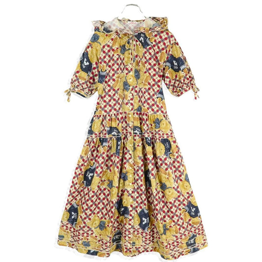 【美品】ワンダフルワールド カネコイサオ★可愛い！くま総柄 チェックpt♪フード付ワンピース  薄手 赤系＊z18590