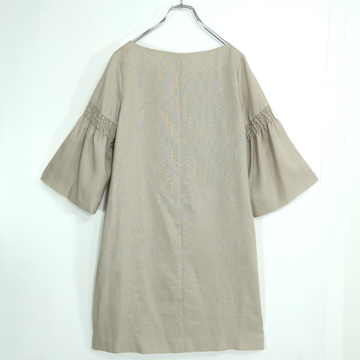 【美品】クチュールブローチ★シャーリングデザイン♪七分袖ワンピース サイズ38 薄茶系 薄手 z22765