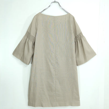【美品】クチュールブローチ★シャーリングデザイン♪七分袖ワンピース サイズ38 薄茶系 薄手 z22765