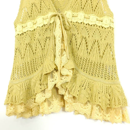 【美品】PINK HOUSE ピンクハウス★繊細な透かし編み×レース♪フェミニン ニットジレ ベスト レイヤード イエロー系  ＊ｋ14498