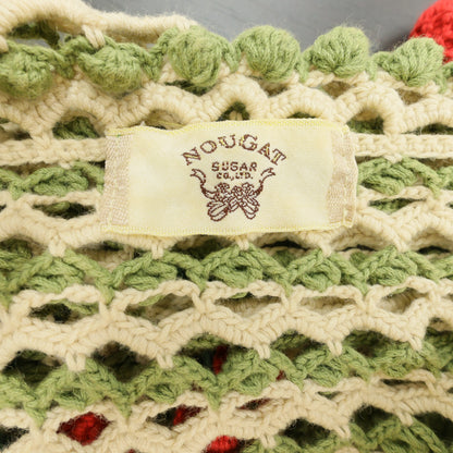 【美品】NOUGAT SUGAR★さくらんぼモチーフ♪透かし編みの半袖ニットカーディガン グリーン系 前開き z23434