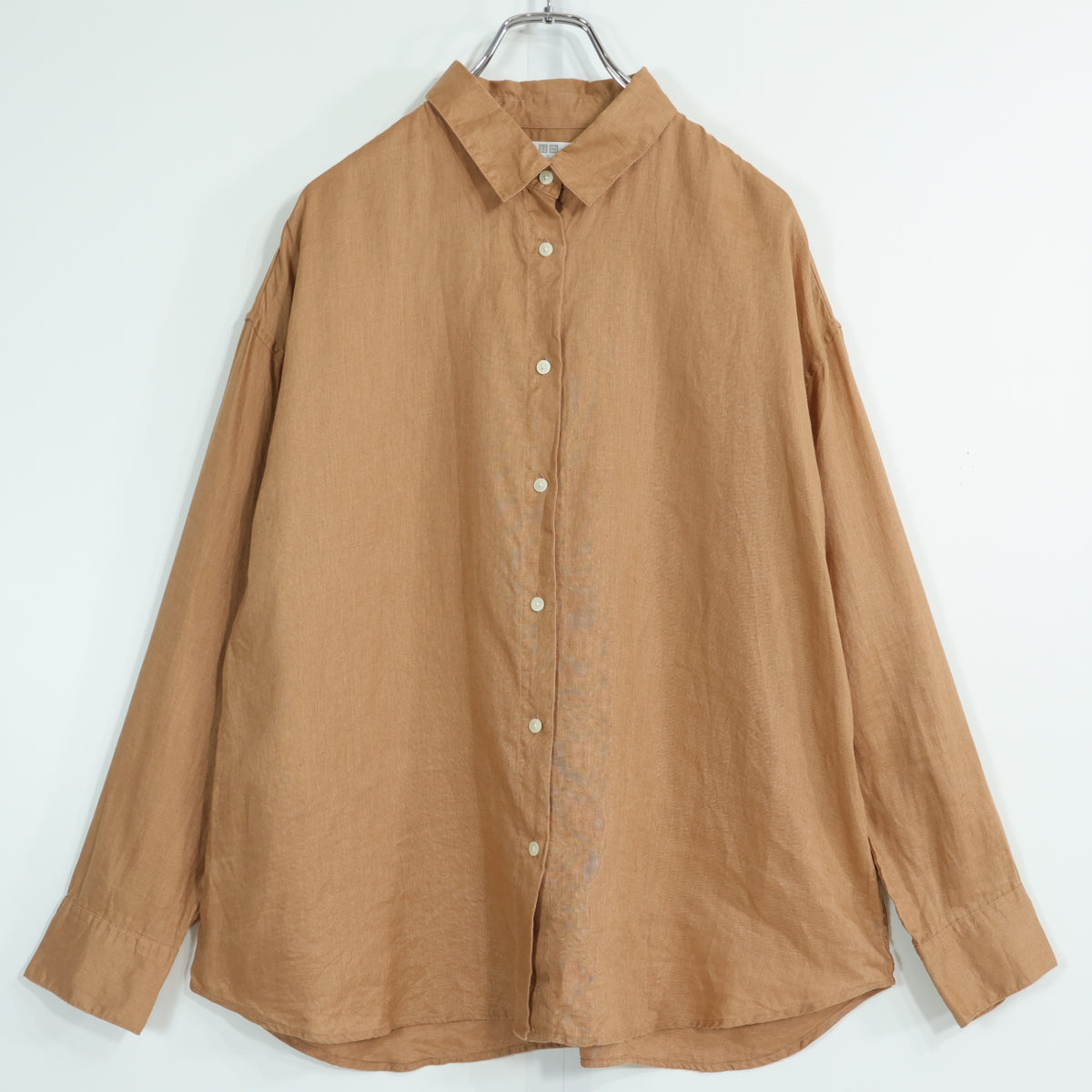 【美品】ユニクロ★麻100％！長袖シャツ 大きいサイズXL 茶系 無地 薄手 z22852