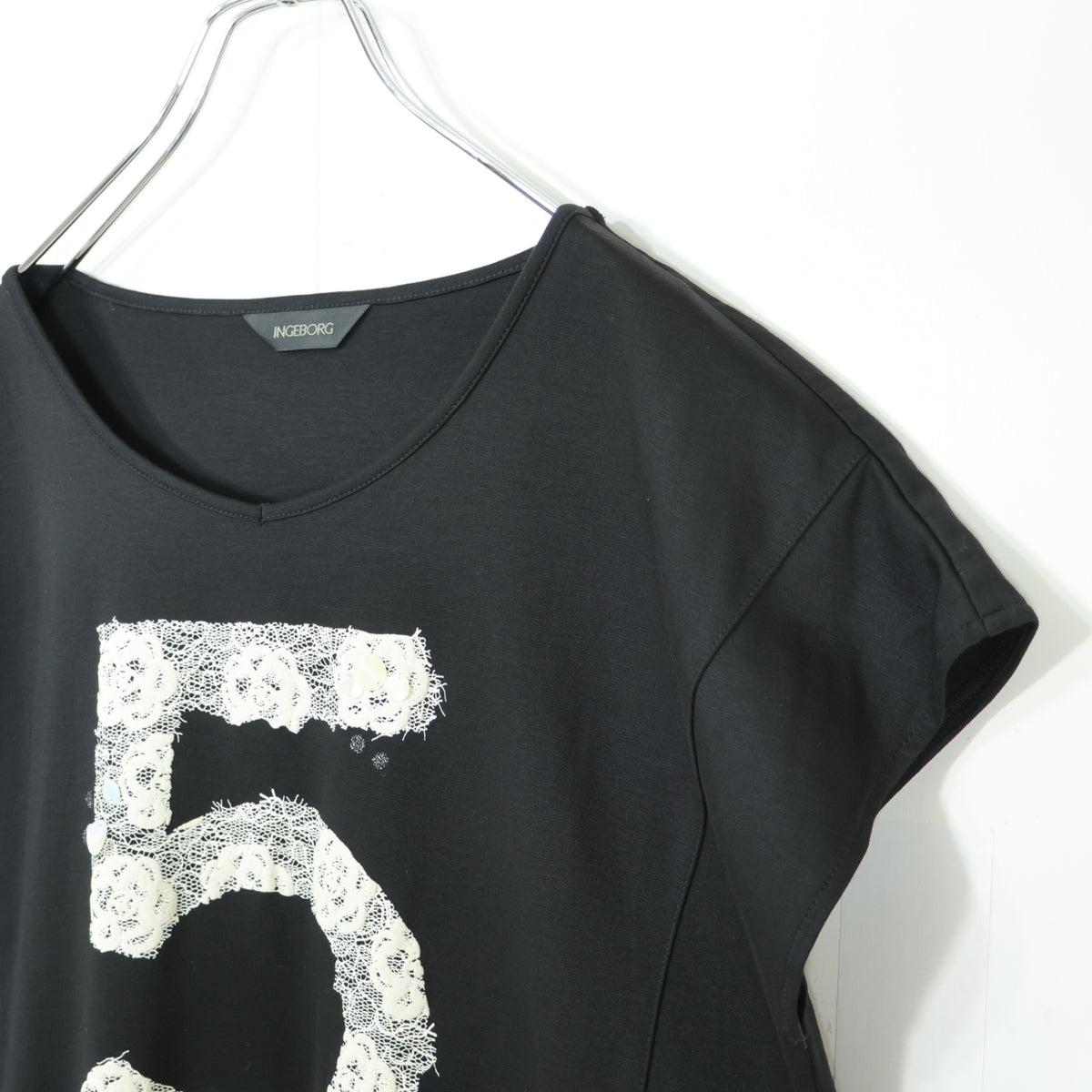 【極美品！】ピンクハウス★ガーリーTシャツ フレンチ袖 レースpt スパンコール ロゴpt 黒系 z22292
