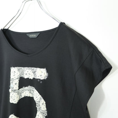 【極美品！】ピンクハウス★ガーリーTシャツ フレンチ袖 レースpt スパンコール ロゴpt 黒系 z22292