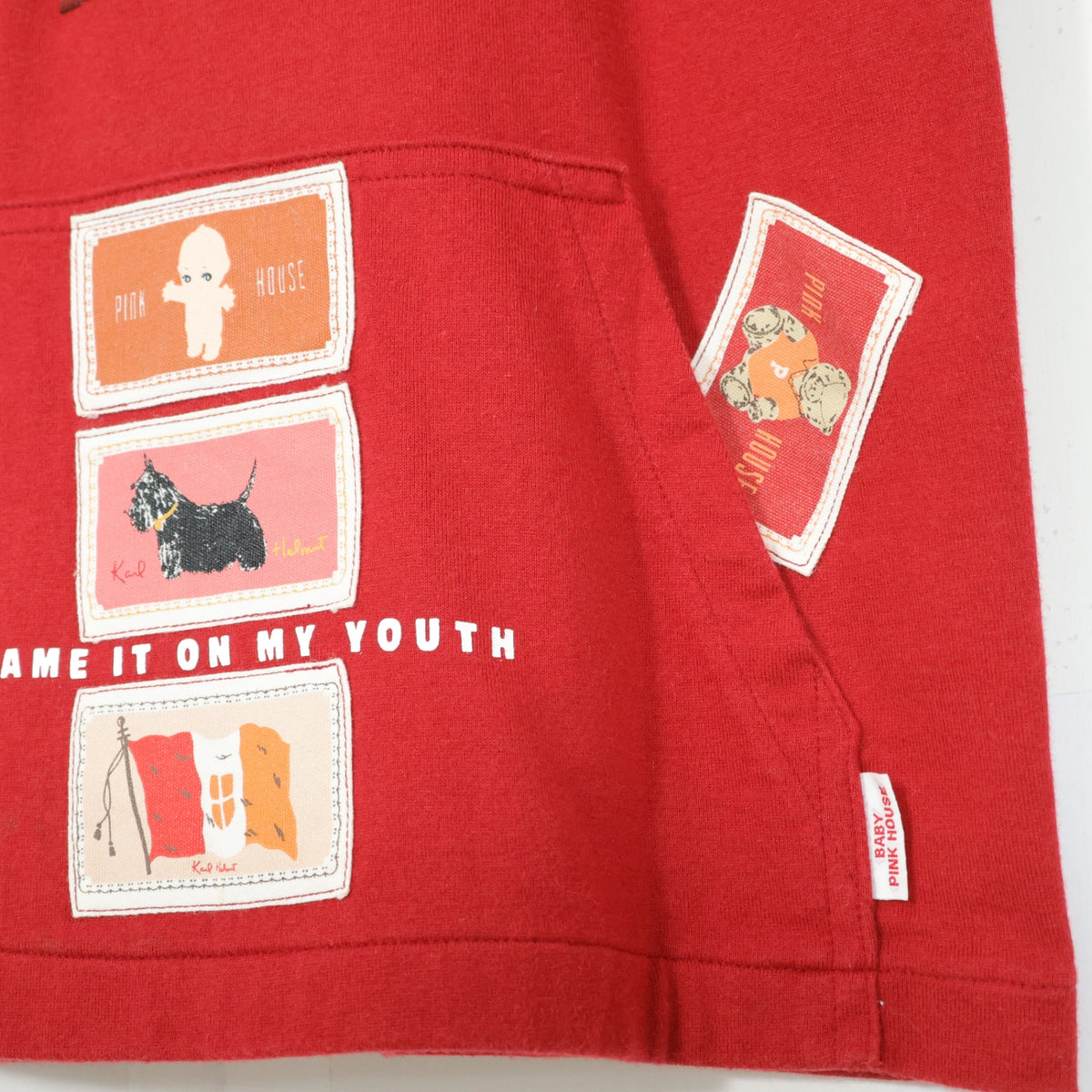 ベビーピンクハウス★ワッペンいっぱい♪半袖Tシャツ 前ポケット キューピー ぬいぐるみクマ ウサギ パフェ サイズL(120cm) 赤系 z21894