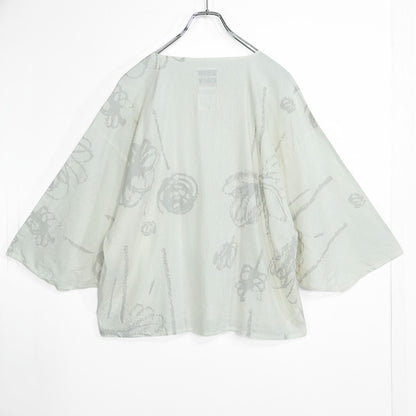 【美品！】SOUSOU ソウソウ★薙刀四角衣 貫頭衣 サイズS 白×グレー系 麻混 フレンチ袖カットソー z22724
