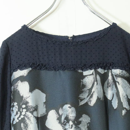 【極美品】INGEBORG インゲボルグ★エレガント 花柄ワンピース 3(M/9号) ネイビー ドットレース フレア  ＊z11337