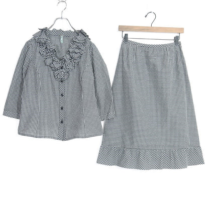 【美品】レリアン★モチーフ付き♪ギンガムチェックの上下セット 七分袖ブラウス&スカート サイズ9 黒×白系 裾フリル♪z20426