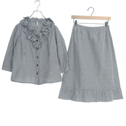 【美品】レリアン★モチーフ付き♪ギンガムチェックの上下セット 七分袖ブラウス&スカート サイズ9 黒×白系 裾フリル♪z20426