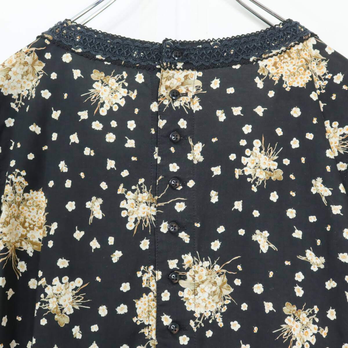 ピンクハウス★たくし上げ♪ブーケpt半袖ワンピース 黒系 リボン&スモッキング刺繡♪薄手 z19737