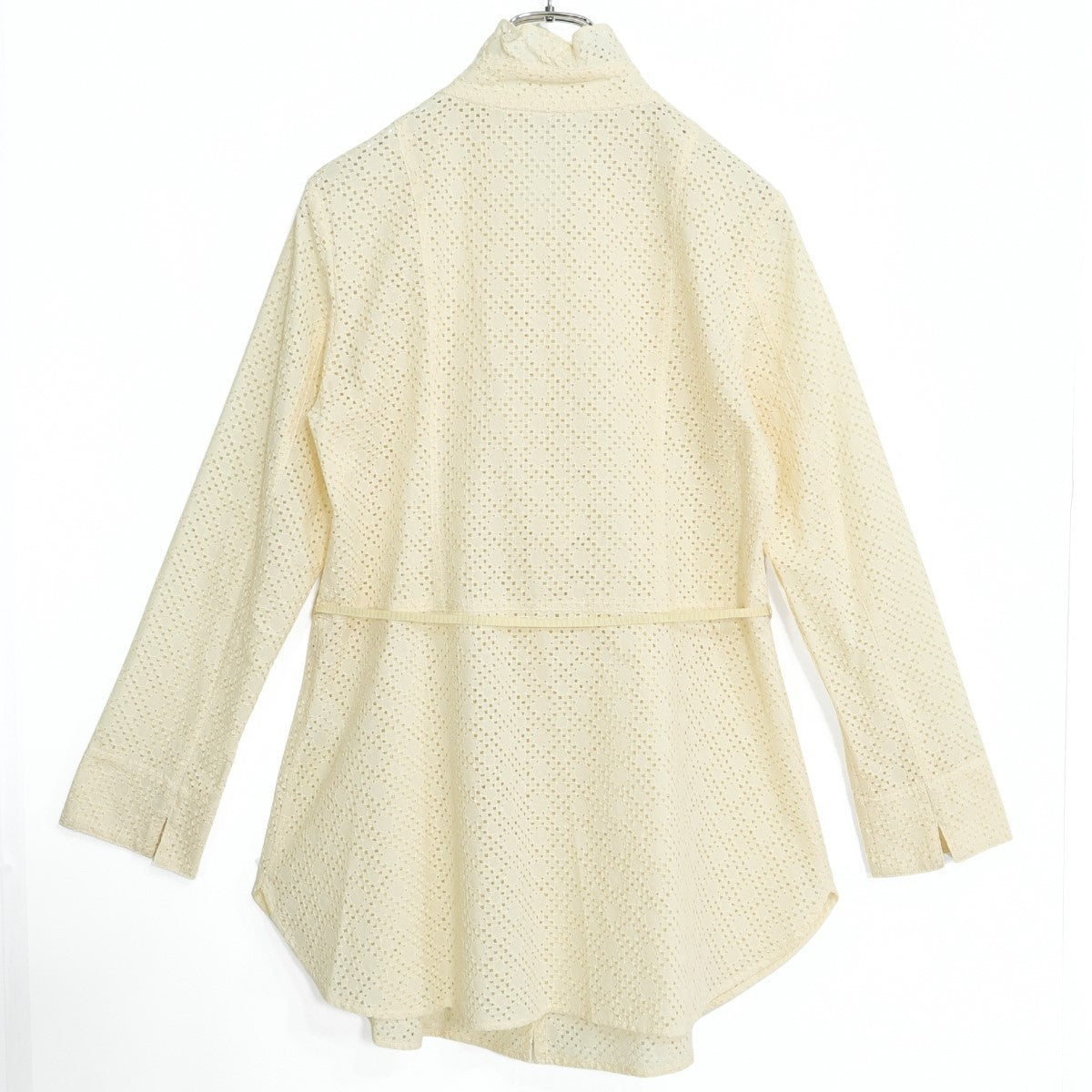 【美品】 スチェッソ★カットワークレースが素敵♪ フリルチュニックブラウス ウエストリボン付き サイズ40 クリーム色系 z22235