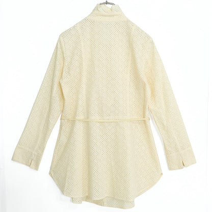 【美品】 スチェッソ★カットワークレースが素敵♪ フリルチュニックブラウス ウエストリボン付き サイズ40 クリーム色系 z22235