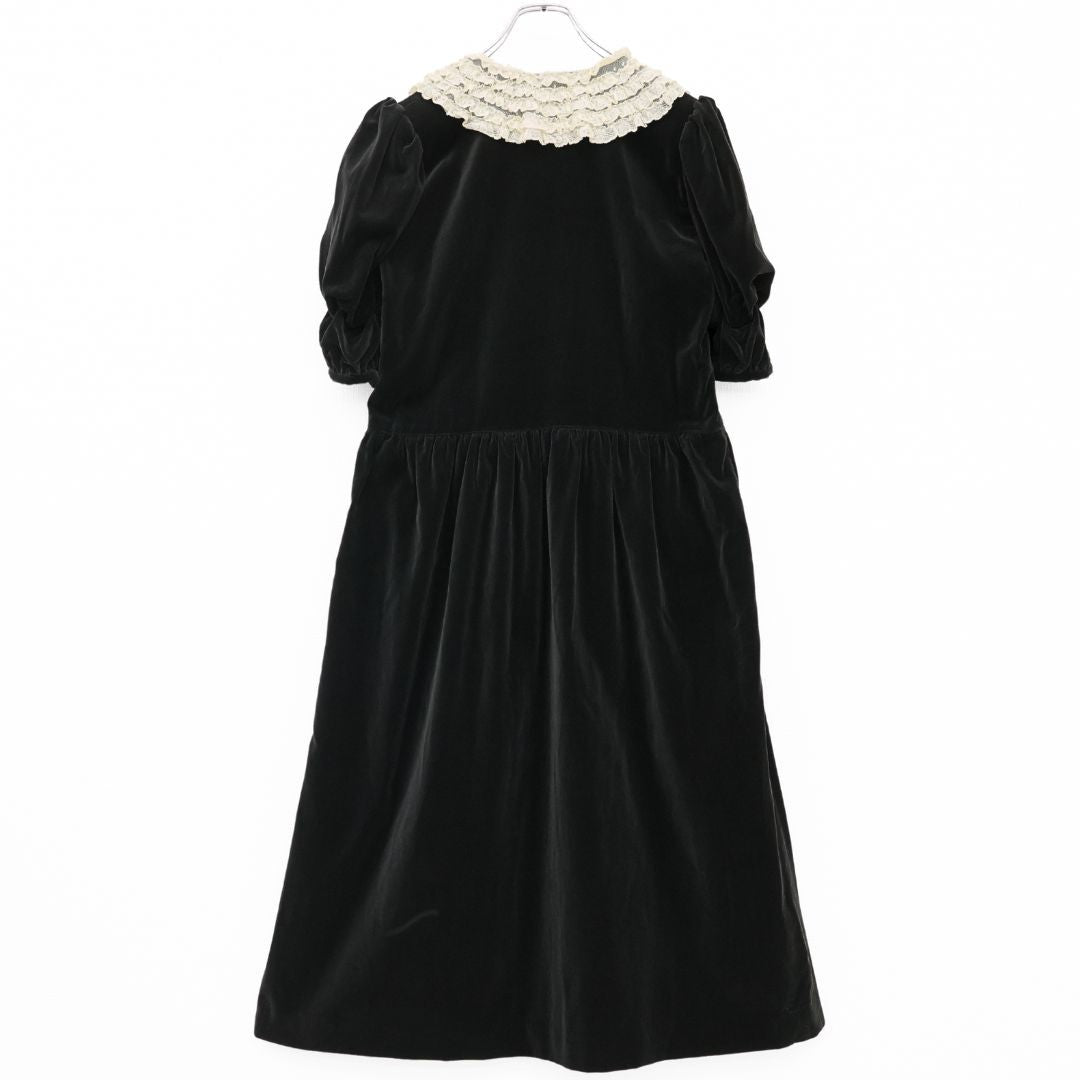 【美品】ピンクハウス★ベルベットX’masドレス ドットチュールレース♪黒ベロアのパフ袖ワンピース  黒系 重ね付けリボン♪厚手 z23244