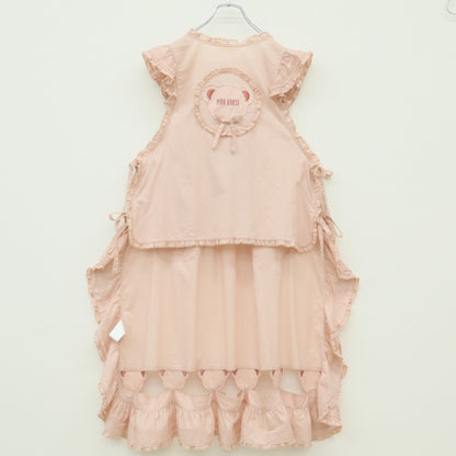 【極美品】ピンクハウス★フラワーピクニック♪くま付きエプロンドレス ローンタブリエ ピンク系 2023年 無地 z23284