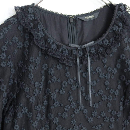 【美品！】ピンクハウス★かぶせ段々♪刺繍付チュールレースのワンピース サイズM 黒系 キュートな小花刺繍♪z21020