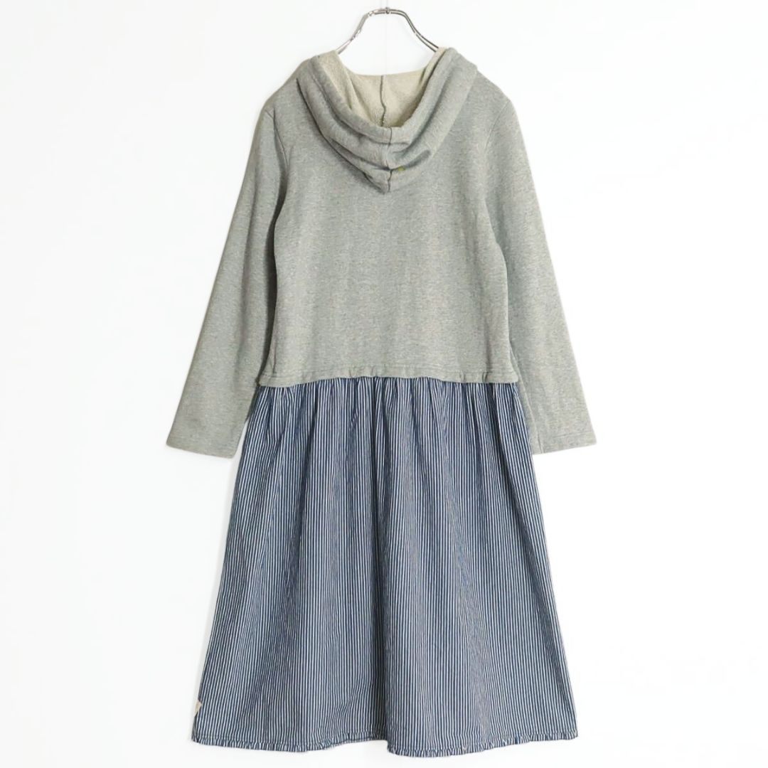 ピンクハウス★一枚で可愛い！ フーディ ドッキングワンピース 重ね着風♪裾ワッペン グレー×紺系 ストライプ&無地♪＊z19273
