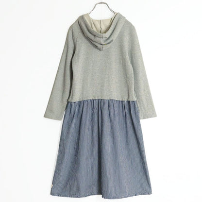 ピンクハウス★一枚で可愛い！ フーディ ドッキングワンピース 重ね着風♪裾ワッペン グレー×紺系 ストライプ&無地♪＊z19273