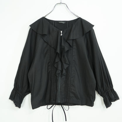 【美品】インゲボルグ★たっぷりフリル♪綿ローンジャケット ジップアップ 黒系 無地 前開き z23118