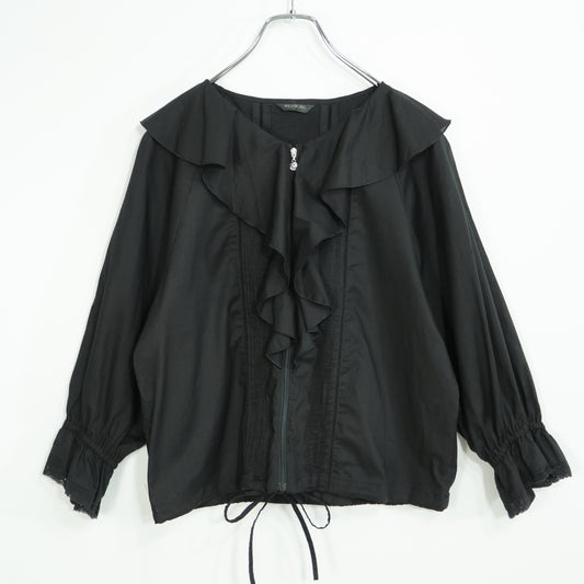 【美品】インゲボルグ★たっぷりフリル♪綿ローンジャケット ジップアップ 黒系 無地 前開き z23118