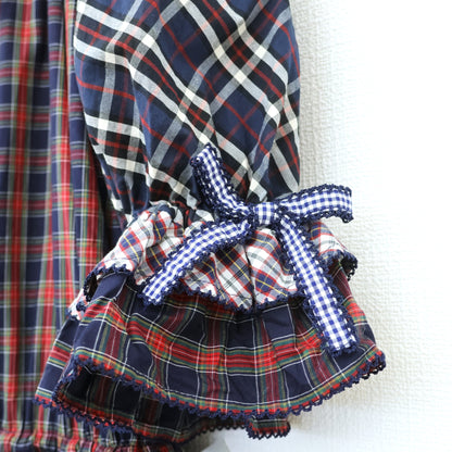 【美品】ピンクハウス★タータンチェックパッチワークワンピース 半袖 紺系ミックス 前開き フリル &リボン♪2025年製 z23387