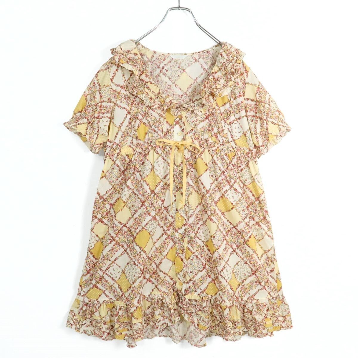 【美品】ピンクハウス★ローズ&ドット♪パッチワーク風ローンチュニックブラウス イエロー系 前開き 段々フリル♪z19582