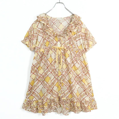 【美品】ピンクハウス★ローズ&ドット♪パッチワーク風ローンチュニックブラウス イエロー系 前開き 段々フリル♪z19582