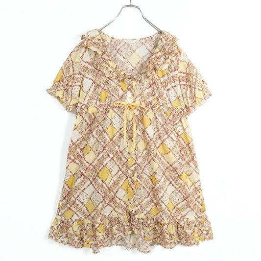 【美品】ピンクハウス★ローズ&ドット♪パッチワーク風ローンチュニックブラウス イエロー系 前開き 段々フリル♪z19582