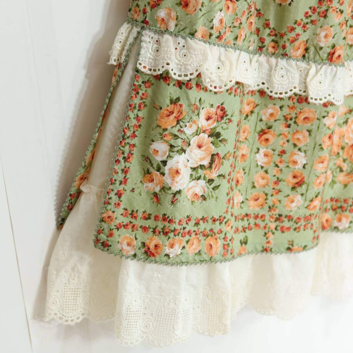 【美品】ピンクハウス★アンティーク調♪薔薇格子柄 ギャザースカート リボン＆レース使い ミントグリーン系＊z20034