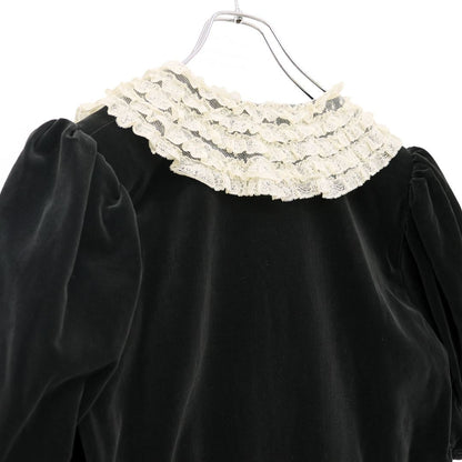 【美品】ピンクハウス★ベルベットX’masドレス ドットチュールレース♪黒ベロアのパフ袖ワンピース  黒系 重ね付けリボン♪厚手 z23244