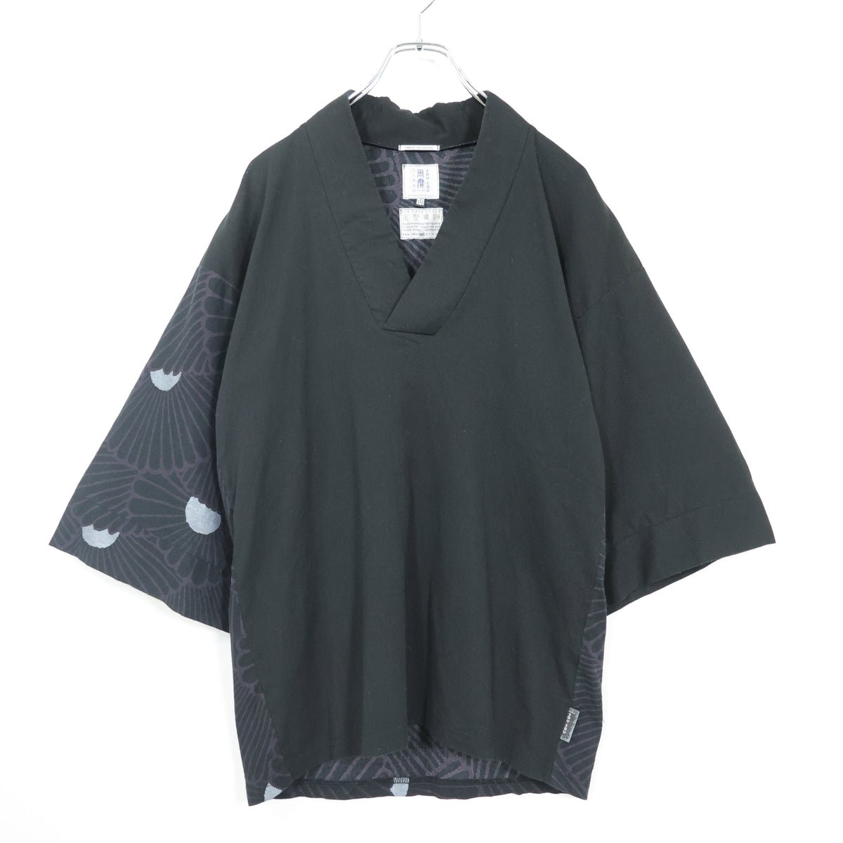 【美品】SOUSOU ソウソウ★高島縮 ジバン 風靡 片身替わり 菊扇 サイズM 濡羽色 黒系  薄手 z22734