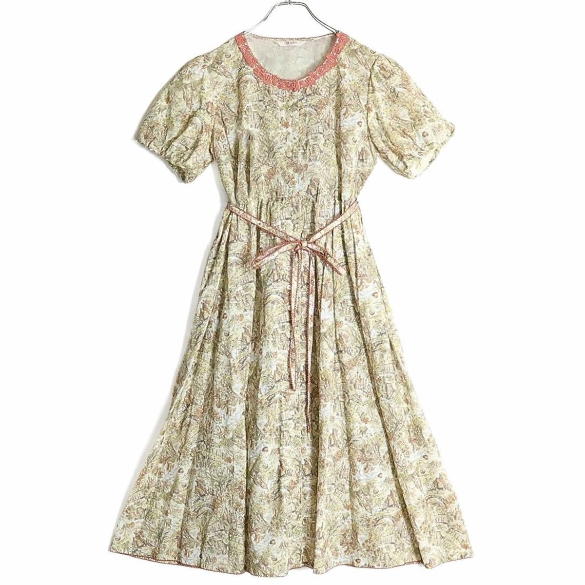 【極美品】ピンクハウス★清楚で可愛い！ バルーン袖♪風景スケッチ柄♪ 半袖ワンピース ミックス系 前開き ＊ z15960
