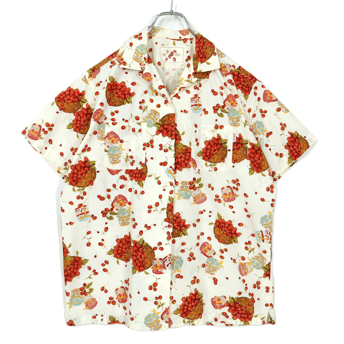 【美品】ピンクハウス★ジャム瓶&かごストロベリーpt♪開襟シャツ ブラウス 大きいサイズＬ クリーム色系 前開き 薄手 z21734