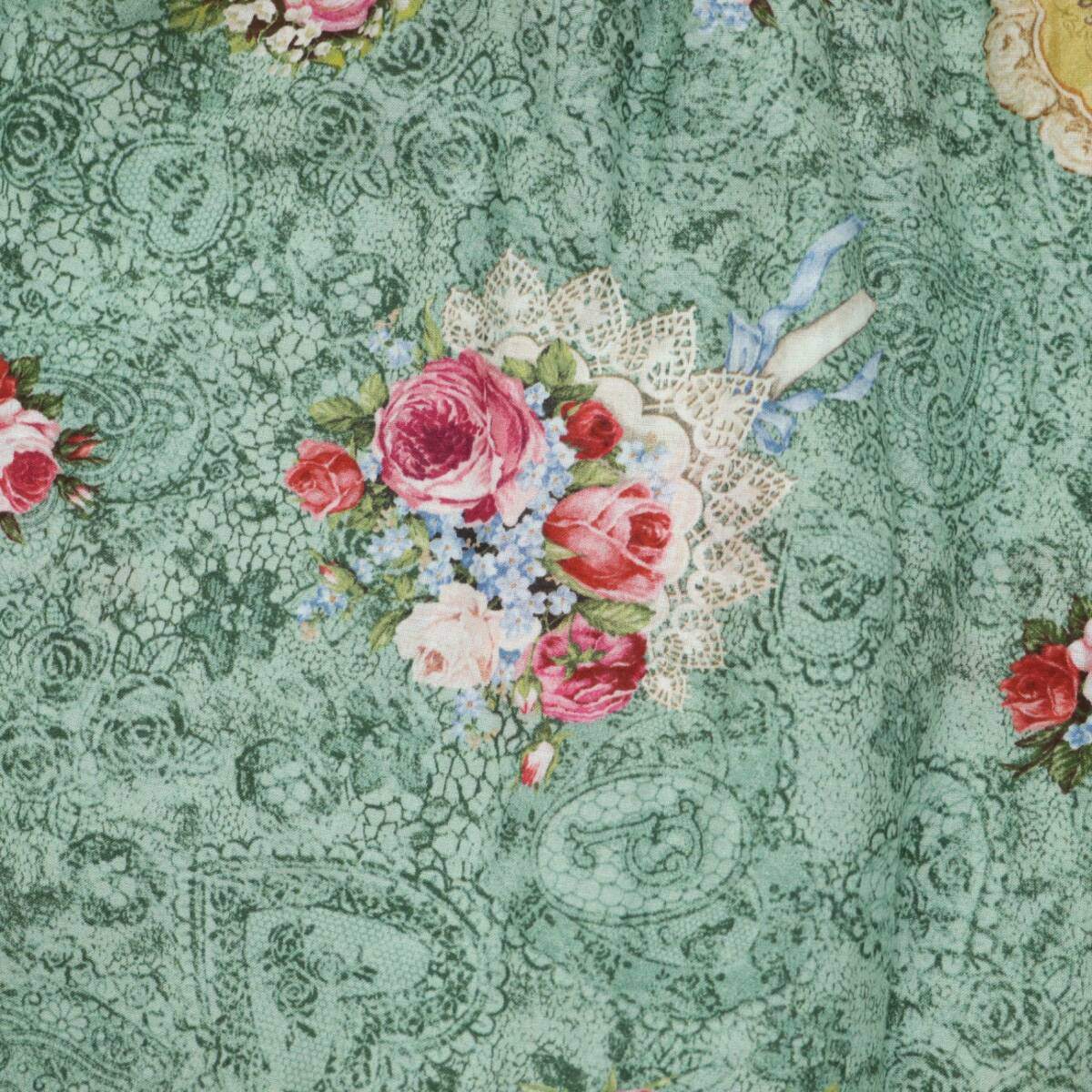 【美品！】ピンクハウス★勿忘草・薔薇・鈴蘭のブーケptが素敵♪ 刺繍付レース裾のレースフラワー柄ローンスカート グリーン系 z21370