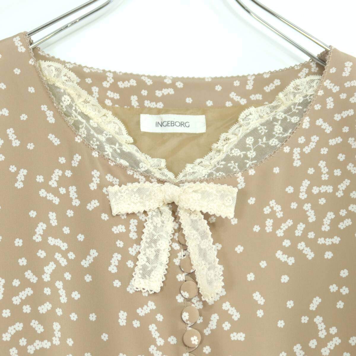 【美品】インゲボルグ★刺繍付チュールレース♪小花ptワンピース ベージュ系 繊細なレースリボン♪薄手 z20079