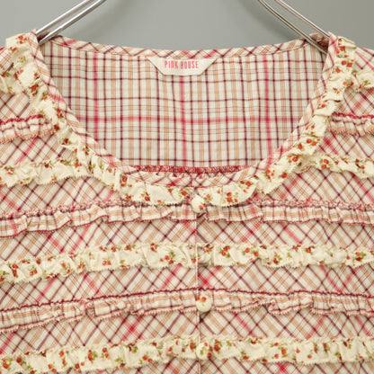 【美品】ピンクハウス★パッチワーク♪オリチェ&小花ptブラウス エクリュ×赤系 段々フリル&リボン 薄手 z23151