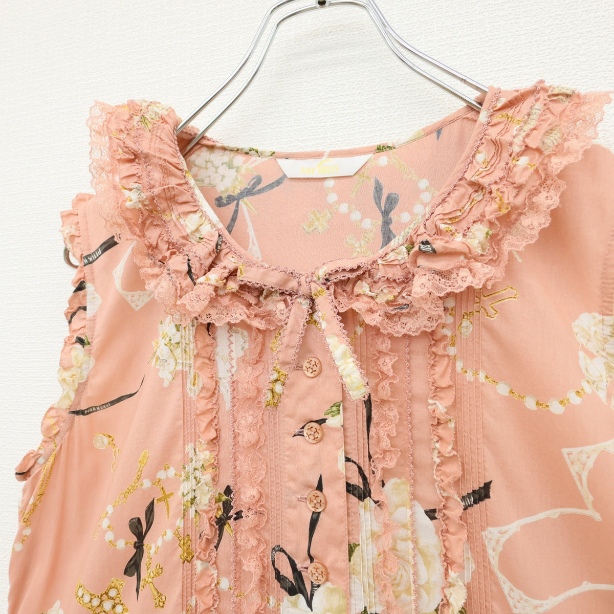【極美品】ピンクハウス★イノセント・チャーチpt♪たくし上げワンピース サーモンピンク系 前開き フリルレース♪薄手 z23538