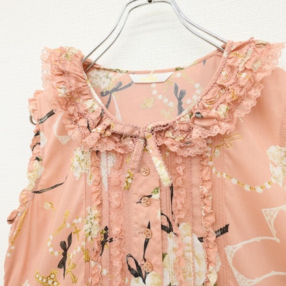 【極美品】ピンクハウス★イノセント・チャーチpt♪たくし上げワンピース サーモンピンク系 前開き フリルレース♪薄手 z23538