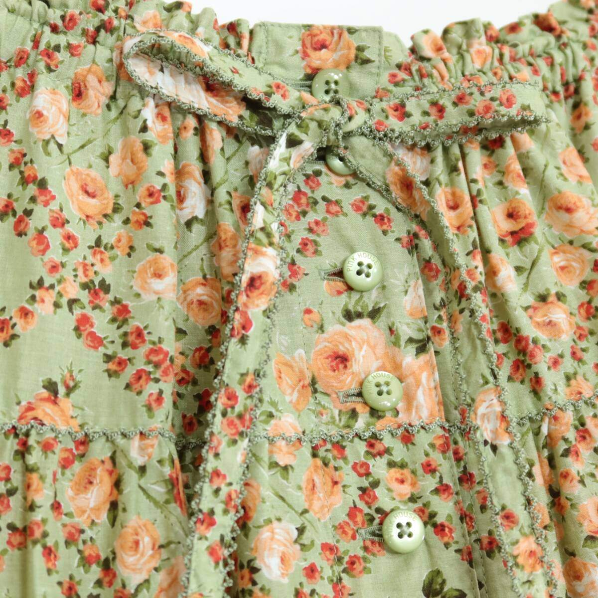 【美品】ピンクハウス★アンティーク調♪薔薇格子柄 ギャザースカート リボン＆レース使い ミントグリーン系＊z20034