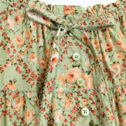 【美品】ピンクハウス★アンティーク調♪薔薇格子柄 ギャザースカート リボン＆レース使い ミントグリーン系＊z20034