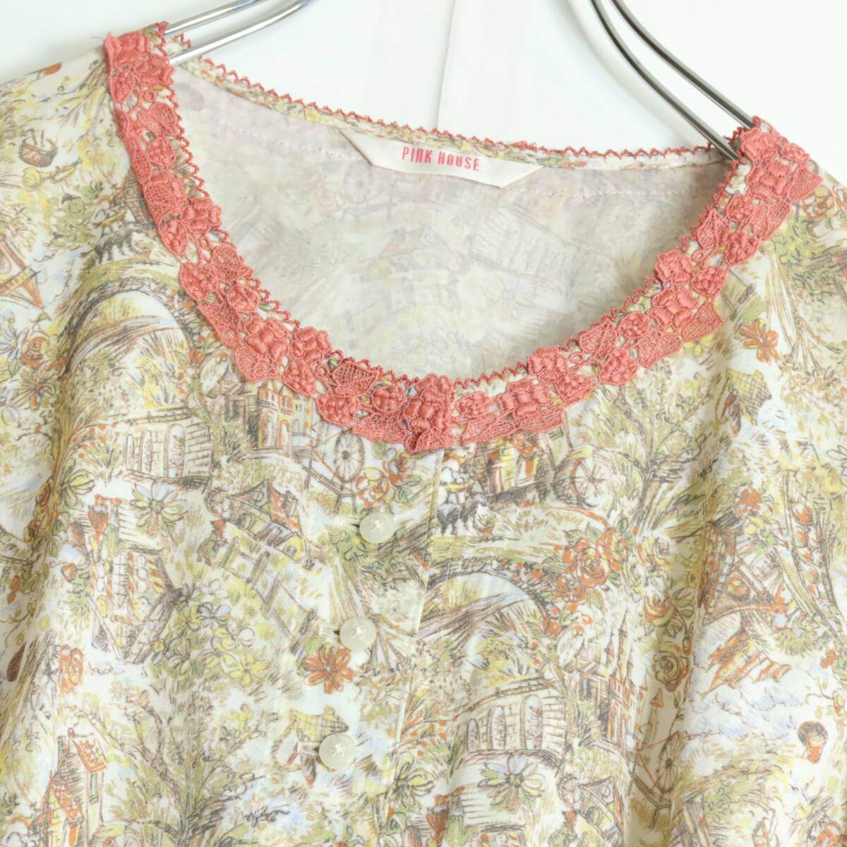 【極美品】ピンクハウス★清楚で可愛い！ バルーン袖♪風景スケッチ柄♪ 半袖ワンピース ミックス系 前開き ＊ z15960