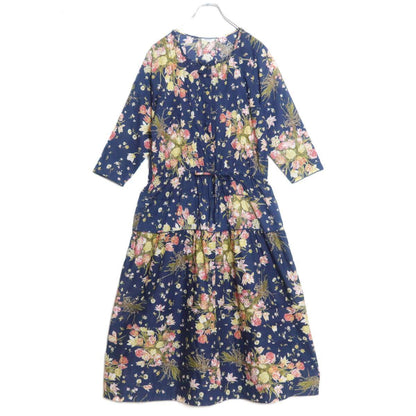 【美品】インゲボルグ★チューリップブーケpt はしごレース♪綿ローンワンピース  サイズ11 前開き リボン 紺系＊z15186