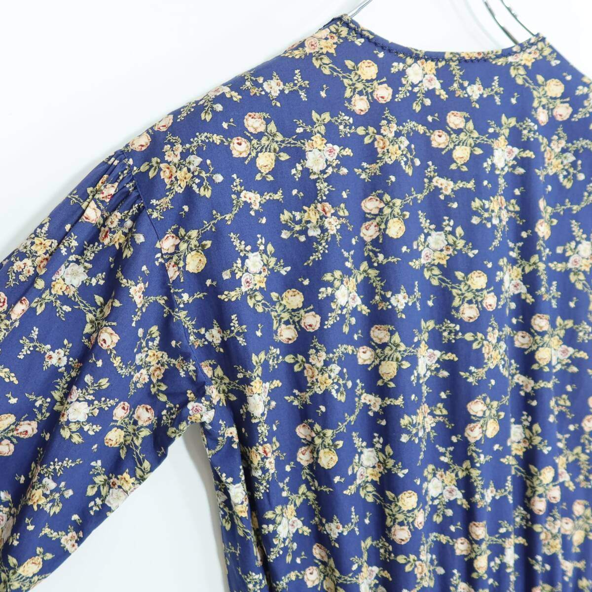 【美品】ピンクハウス★オリチェptパッチワーク♪花柄ワンピース ネイビー系 前開き 薄手 z20994