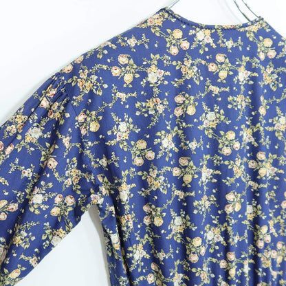 【美品】ピンクハウス★オリチェptパッチワーク♪花柄ワンピース ネイビー系 前開き 薄手 z20994