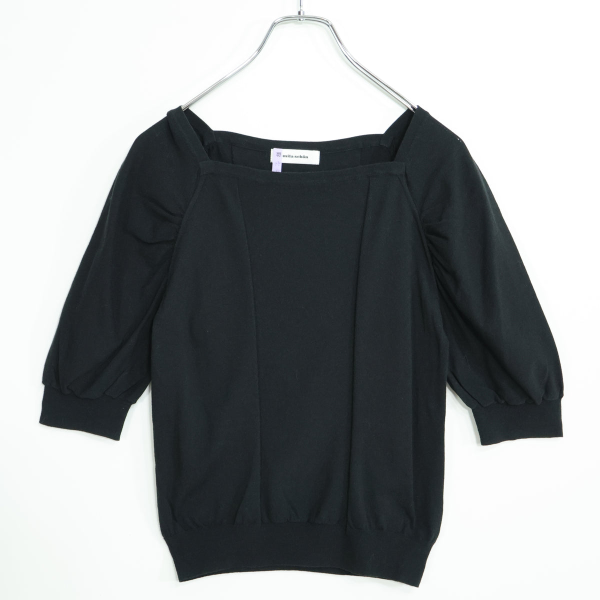 ミラショーン★スクエアネックがオシャレ♪五分袖カットソー 大きいサイズ 42 黒系 ラグランスリーブ z22611