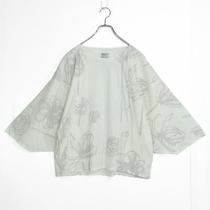 【美品！】SOUSOU ソウソウ★薙刀四角衣 貫頭衣 サイズS 白×グレー系 麻混 フレンチ袖カットソー z22724