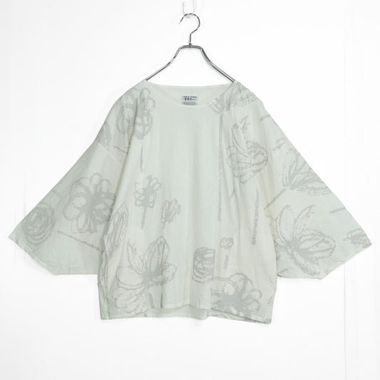 【美品！】SOUSOU ソウソウ★薙刀四角衣 貫頭衣 サイズS 白×グレー系 麻混 フレンチ袖カットソー z22724
