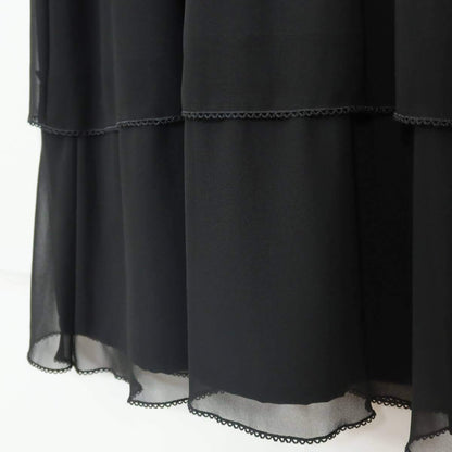 【美品】インゲボルグ★上品！ ふんわりシフォン段々フリル  フラワーモチーフパール装飾 七分袖ワンピース サイズ9 黒系＊z14493