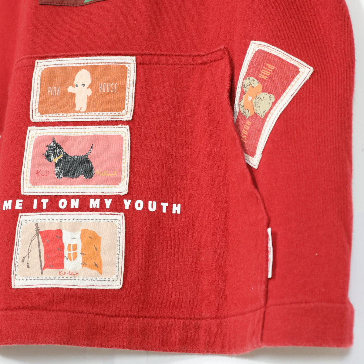 ベビーピンクハウス★ワッペンいっぱい♪半袖Tシャツ 前ポケット キューピー ぬいぐるみクマ ウサギ パフェ サイズL(120cm) 赤系 z21893