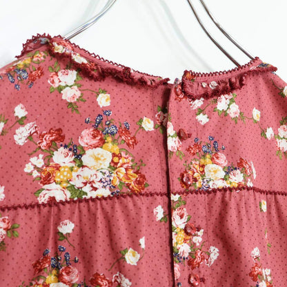 【美品】ピンクハウス★かぶせ段々フリル♪ドットと花柄のふんわりブラウス 赤紫系 ピコレース&リボン♪薄手 z21087